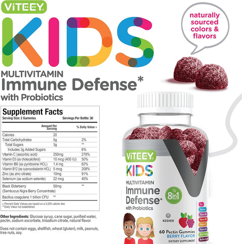 Kids Multivitamin Gummies with Probiotics, 8-1 Vitamins for Immune Health Support, Chewable Berry Flavored