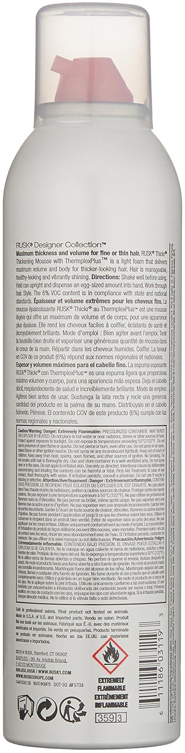 RUSK Designer Collection Thicker Thickening Mousse for Fine or Thin Hair, 8.8 Oz, Thickening Mousse that Provides Body, Texture, and Hold Without Buildup, 8.8 Ounce (Pack of 1)