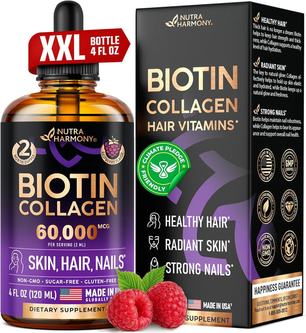 Liquid Biotin & Collagen - Extra Strength 60000 mcg Drops for Hair Growth Support, Strong Nails, Healthy Skin - B7
