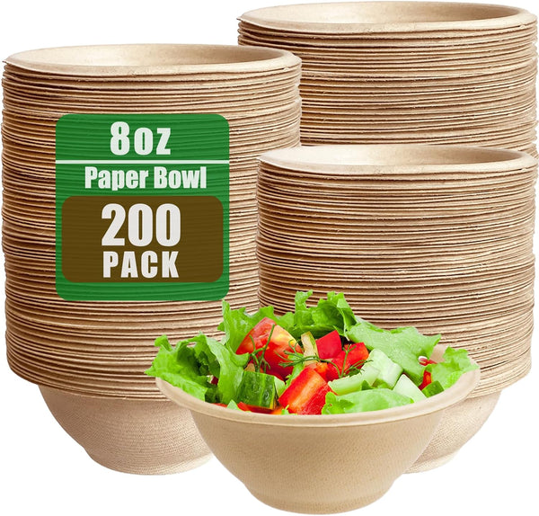 200 Pack Compostable Natural Paper Bowls, 8 oz Disposable Eco-Friendly Sugarcane Bowls for Salad, Snack, Party