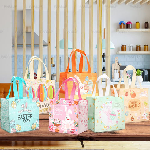 PARSUP 12PCS Happy Easter Bunny Carrot Chick Egg Hunt Gift Bags with Handles, 8.3×7.9×5.9inch, Easter Party Supplies