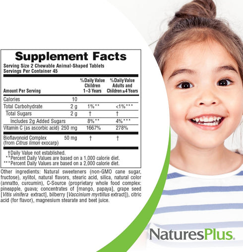 NaturesPlus Animal Parade Vitamin C Children's Chewable, Natural Orange Flavor, 90 Tablets, Pack of 4