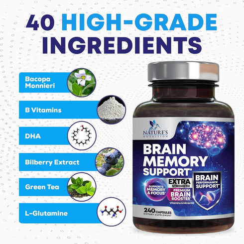 Nootropic Brain Supplements for Memory & Focus - 40 Nootropics & Vitamins for Clarity, Concentration - 240 Capsules