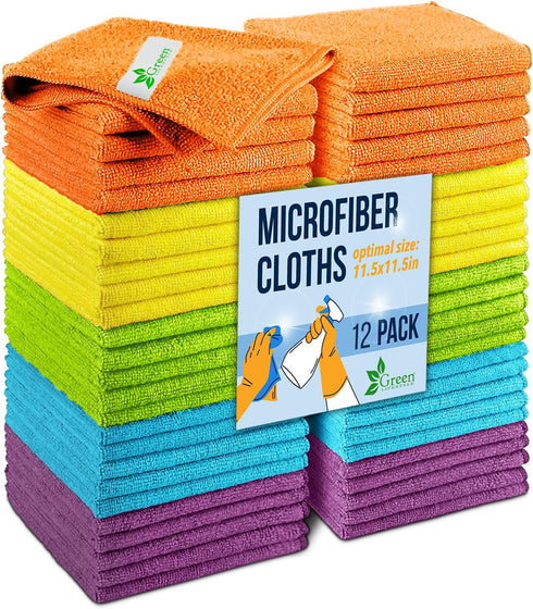 GREEN LIFESTYLE Microfiber Cleaning Cloth 12 Pack, Borderless Towels for Cleaning and Car Washing (11.5" x 11.5")