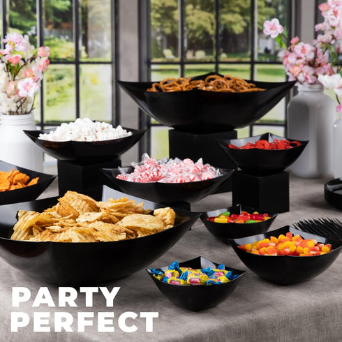 PLASTICPRO Disposable Square Serving Bowls, Black Plastic Snack or Salad Bowl Pack of 4, 64 OUNCE