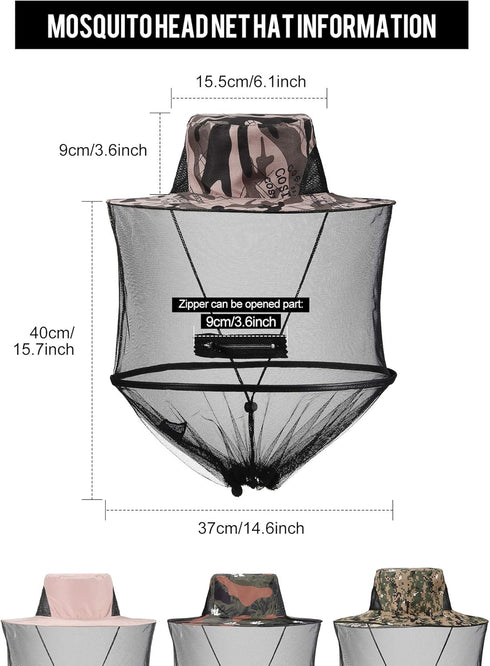 4 Pieces Mosquito Cap Net Hat with Zipper, Foldable Fly Protection for Fishing, Hiking, Gardening, 4 Colors