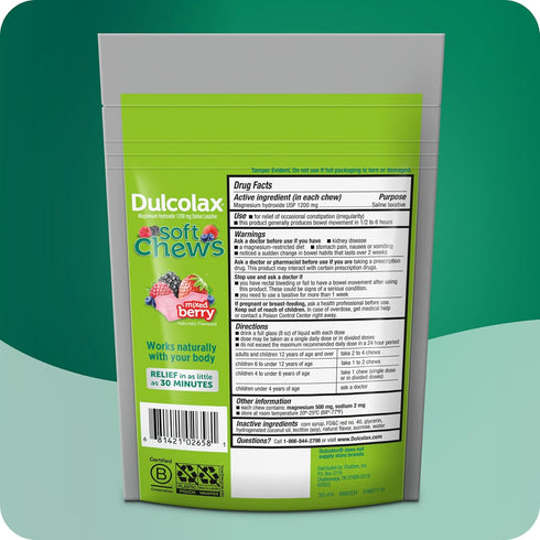 Dulcolax Saline Laxative Soft Chews, Gentle Constipation Relief, Mixed Berry Flavor, 1200 mg, 15 Count