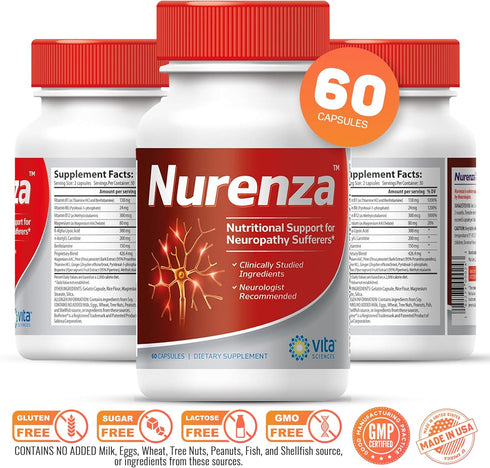 Vita Sciences Nurenza Neuropathy Supplement for Nerve Health, 60 Ct, Natural R-ALA with Vitamins & Antioxidants