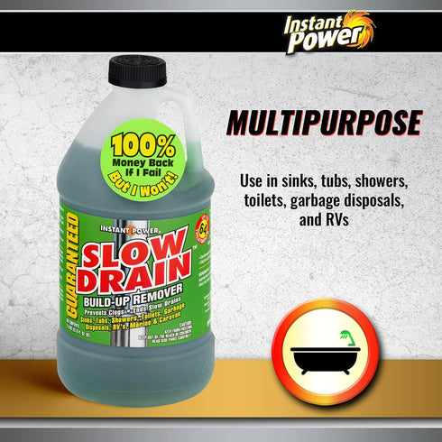 Instant Power Slow Drain Build Up Remover – Ends Slow Drains for Sinks, Tubs, Showers, Toilets, Disposals, RVs, 2 Liters
