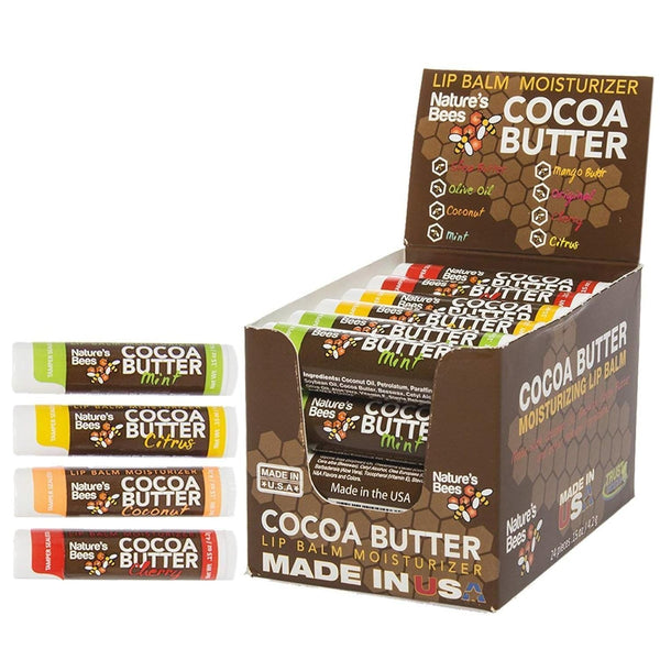 Nature's Bees Cocoa Butter Lip Balm, Lip Care for Dry Lips, 0.15 oz Each, 4 Flavors, 24 Pack