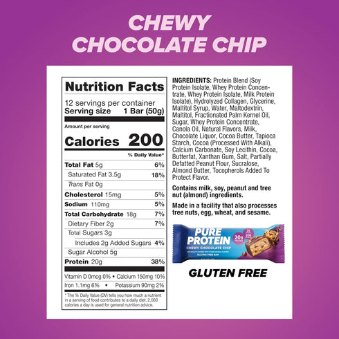 Pure Protein Bars, High Protein, Low Sugar, Gluten Free, Chewy Chocolate Chip, 1.76oz (Pack of 12)