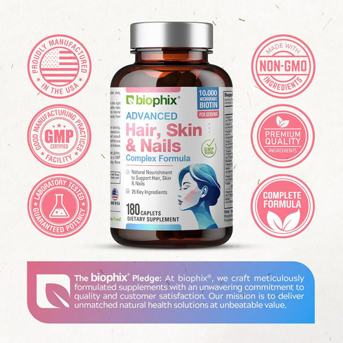 biophix Hair Skin and Nails Complex, 180 Caplets with 10,000 mcg Biotin for Healthy Aging