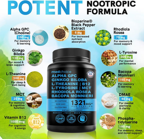 11-in-1 Nootropic Brain Supplements: Memory & Focus with Ginkgo Biloba, L Theanine, Bioperine, 60ct
