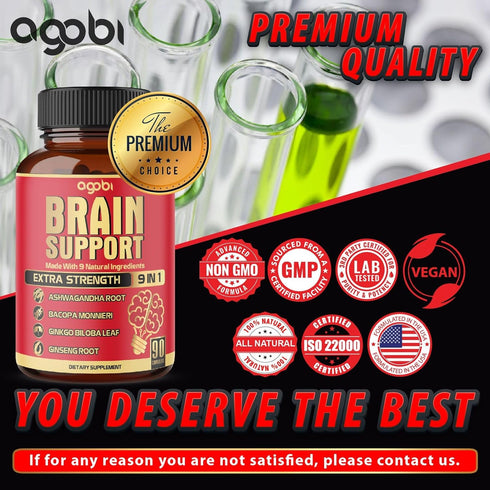 9in1 Brain Support Supplement, Concentrated Ashwagandha Root, Gotu Kola Powder, 90 Capsules