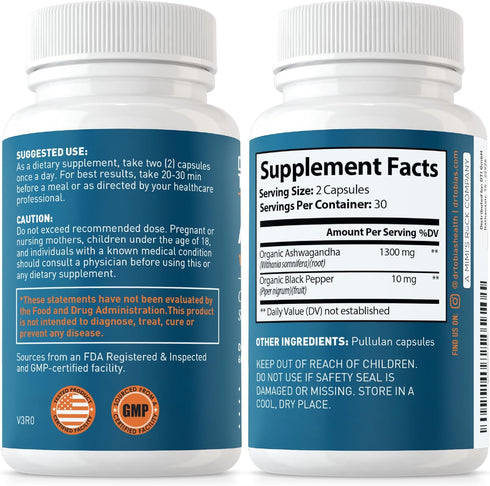 Dr. Tobias Ashwagandha Capsules, 1300mg Organic Root Extract with Black Pepper, 60 Vegetarian Capsules