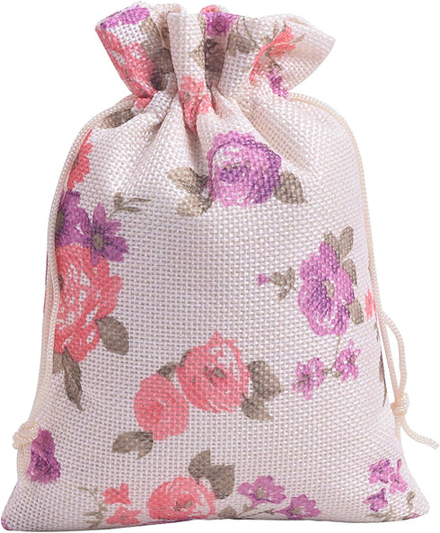 Sansam 20pcs Drawstring Burlap Gift Bags - 4.0x5.6'' Cream Flower Patterns Jute Bags for Jewelry