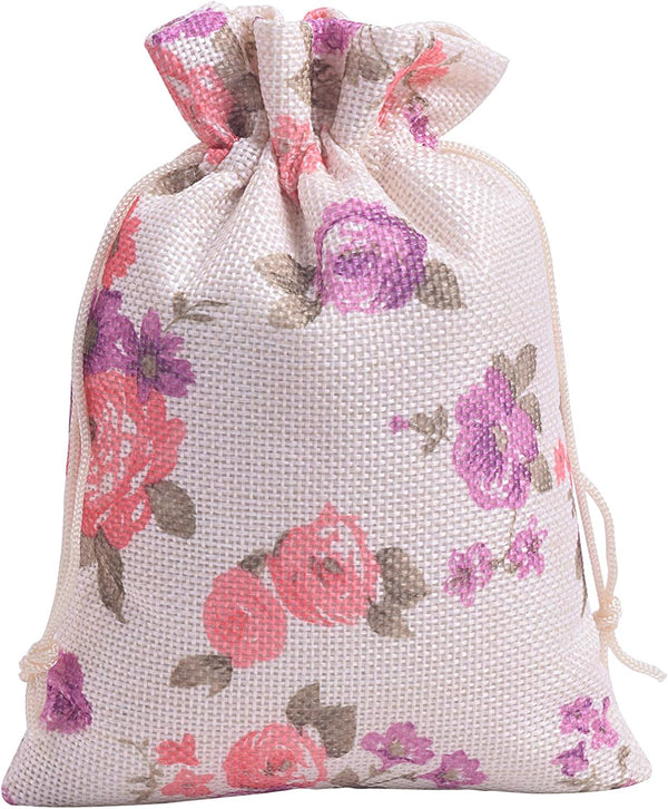 Sansam 20pcs Drawstring Burlap Gift Bags - 4.0x5.6'' Cream Flower Patterns Jute Bags for Jewelry