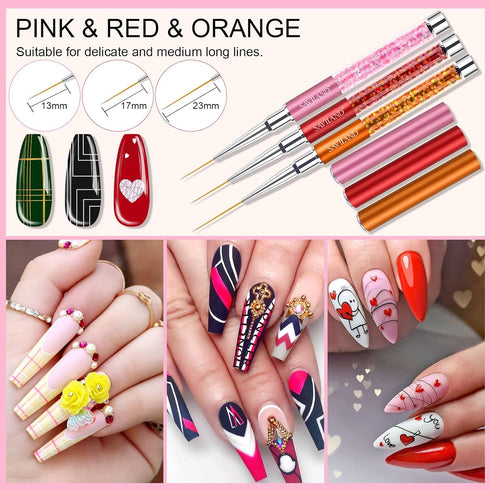 Saviland 6pcs Nail Art Liner Brushes Set - Nail Gel Polish Painting Brush Pen Set with Crushed Diamond Handles