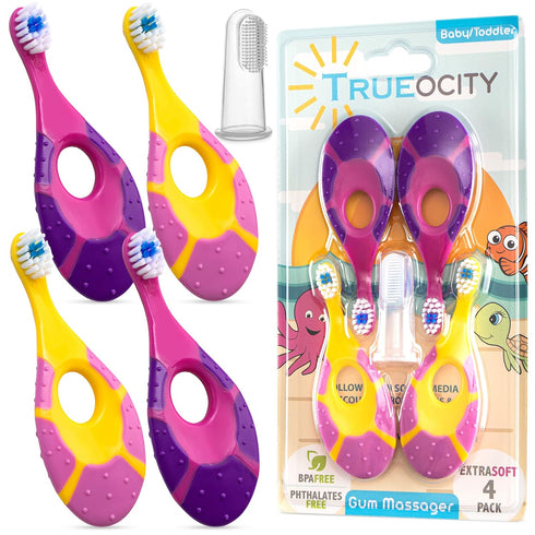 Trueocity Baby Toothbrush 4 Pack & Bonus Silicone Finger Brush, Soft Bristles for 0-2 Years, Pink