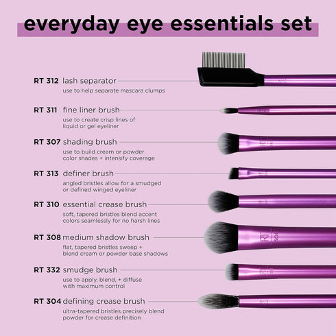 Real Techniques 8 Piece Everyday Eye Essentials Makeup Brush Set, Eye Brushes for Liner, Eyeshadow, Brows, & Lashes
