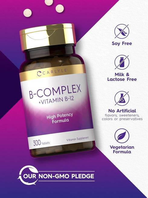 Carlyle B-Complex Vitamin with B12, 300 Tablets, High Potency, Vegetarian & Non-GMO