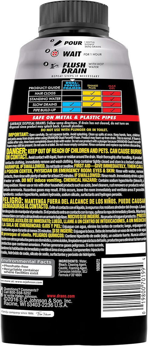 Drano Dual-Force Foamer Drain Clog Remover and Cleaner, 17 oz for Shower or Sink Drains