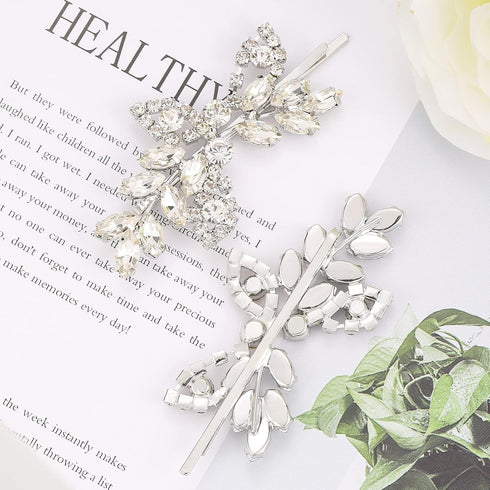 Waydress 4 Pcs Rhinestone Hair Clip, Decorative Leaf Crystal Barrette Accessories for Women (Silver)