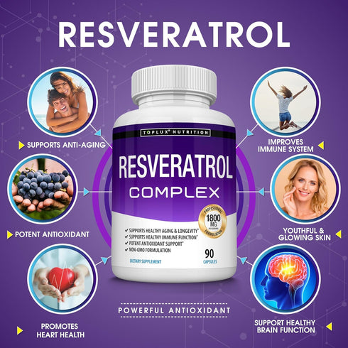 Resveratrol Supplement 1800 mg Antioxidant Complex, Natural Trans-Resveratrol Pills for Healthy Aging, 90 Capsules
