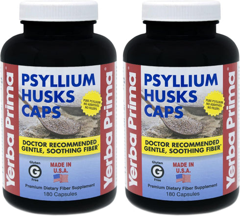 Yerba Prima Psyllium Husk Caps - 180 Capsules (Pack of 2) - Easy to Swallow Fiber Supplement for Gut Health