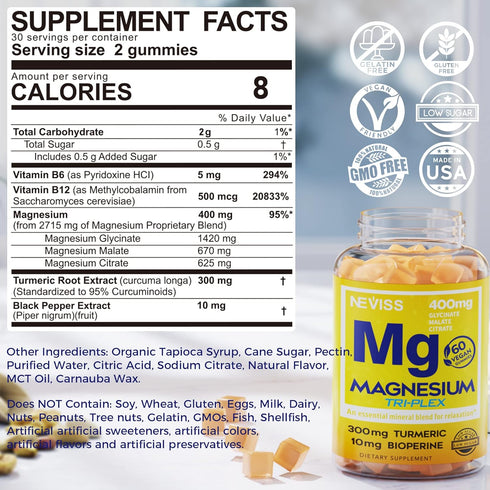 Magnesium Gummies with Turmeric 300mg, Magnesium Complex | 400mg Magnesium Glycinate, Malate, Citrate for Calm, Nerves, Energy, Muscle Cramps, Extra Absorption Chewable, Low Sugar, Vegan 60 Counts