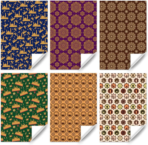 Apol Vintage Gift Wrapping Paper, Ramadan Eid Mubarak Blue Castle Stars Moon Retro Flower, 6 Folded Sheets