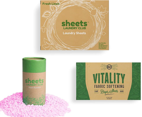 Sheets Laundry Club All In One Laundry Kit, 50 Fast Dissolving Fresh Linen Laundry Sheets, 1-8oz Scent Booster
