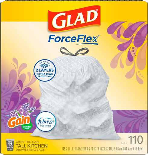Glad Trash Bags - OdorShield Tall Kitchen Drawstring Garbage Bags, Lavender, 13 Gal, 110 Ct