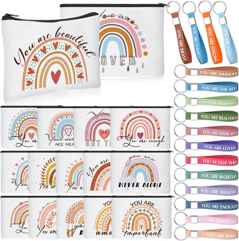 Hillban 32 Pcs Rainbow Cosmetic Bag, Inspirational Canvas Makeup Bags with 16 Quote Keychains for Women