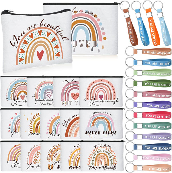 Hillban 32 Pcs Rainbow Cosmetic Bag, Inspirational Canvas Makeup Bags with 16 Quote Keychains for Women