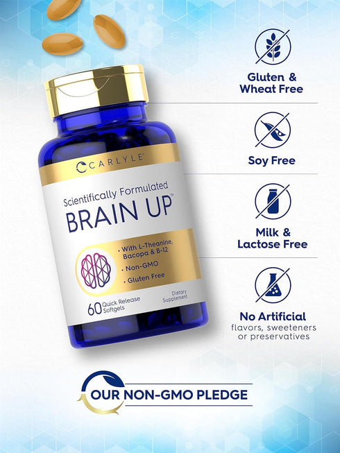 Carlyle Brain Up Supplement | 60 Softgels | with L-Theanine, Bacopa & B-12 | Non-GMO, Gluten Free