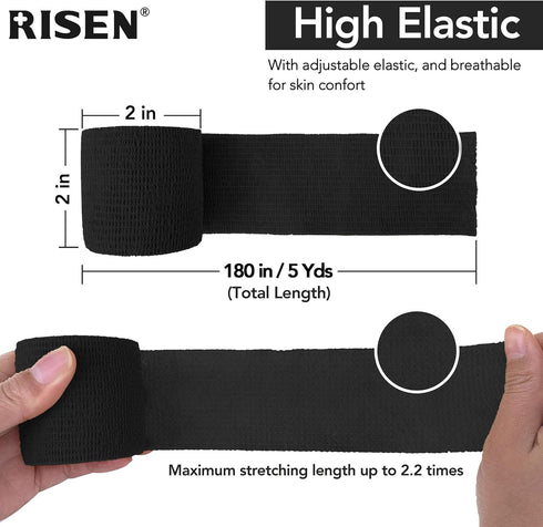 RISEN 2” x 5 Yards Cohesive Bandage, 6 Rolls, Self Adherent Medical Tape, Flexible Breathable First Aid