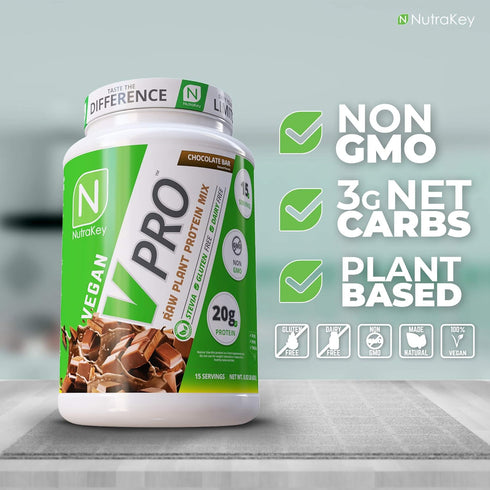NutraKey V-Pro Raw Plant Protein Powder, Organic, Vegan, Low Carb, Gluten Free with 20g Protein (Chocolate, 2-Pound)