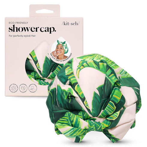 Kitsch Luxury Shower Caps, Reusable Waterproof, Large, Non-slip, Quick-dry Hair Cap, Palm Leaves Design