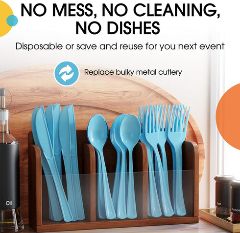 50 Pcs Heavy Duty Light Blue Disposable Plastic Spoons, Light Blue Plastic Cutlery