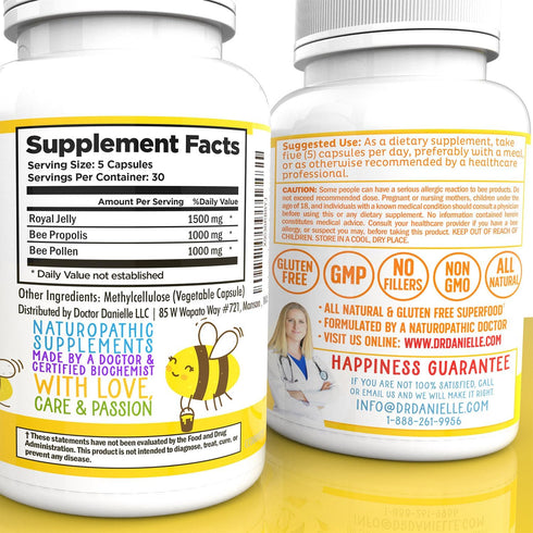 Dr. Danielle's Bee Wise - Bee Pollen Supplement with Royal Jelly, Propolis, 4 Daily Capsules