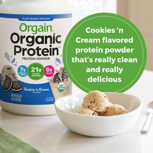 Orgain Organic Vegan Protein Powder, Cookies & Cream - 21g Plant Based Protein, Low Net Carb, 2.03 lb