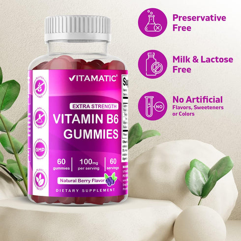 Vitamatic 2 Packs Vitamin B6 100mg - 60 Pectin Based Gummies - Berry Flavor - Nervous System Support