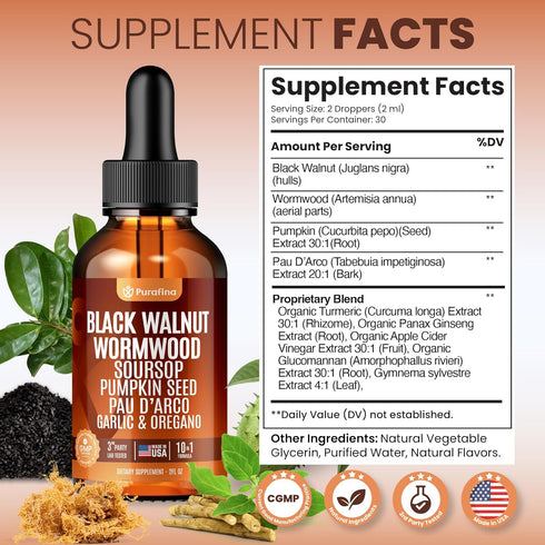 Purafina 98% (2oz) Wormwood Black Walnut Clove Cleanse Liquid Drops with SourSop, Pumpkin Seed, Pau DArco, Garlic & Oil