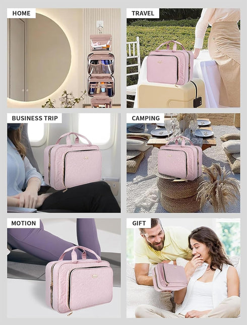Pink Toiletry Bag Travel with Hanging Hook, Water-resistant Cosmetic Makeup Organizer for Full Sized Toiletries