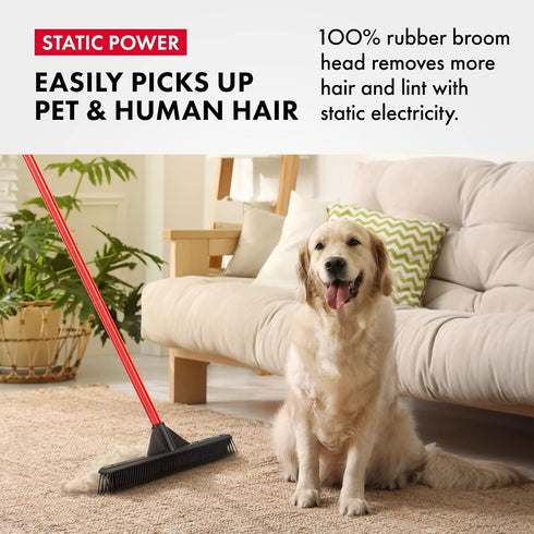 Rubber Broom Lightweight - 100% Natural Rubber with 55 Inch Anti-Rust Handle, Best for Pet & Human Hair