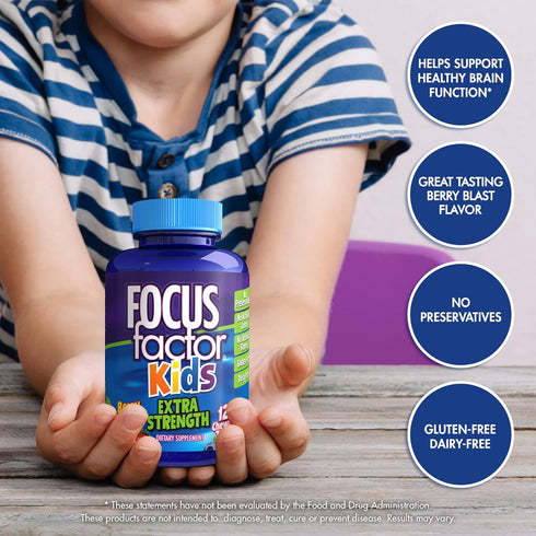 Focus Factor Kids Extra Strength Daily Chewable, 120 Count - Brain Health Support, Gluten & Dairy Free, No Artificial