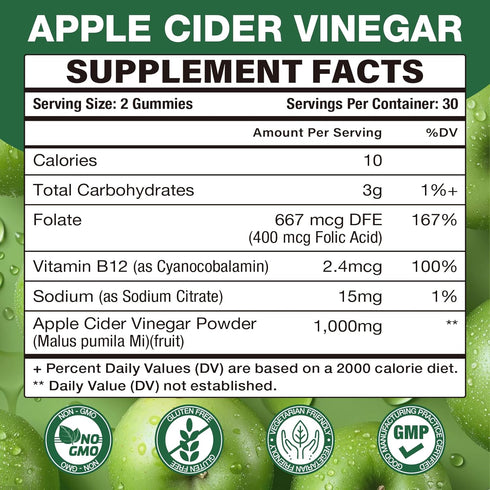 Yikecao Gummies, 1000mg Gummies B12, Immune 60 Count Apple Cider Vinegar ACV with The Mother & Apple Cider Vinegar