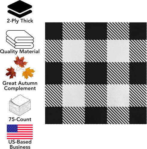 Iconikal 75-Count Black Gingham Disposable Paper Party Napkins - White Buffalo Plaid, Dinner Size