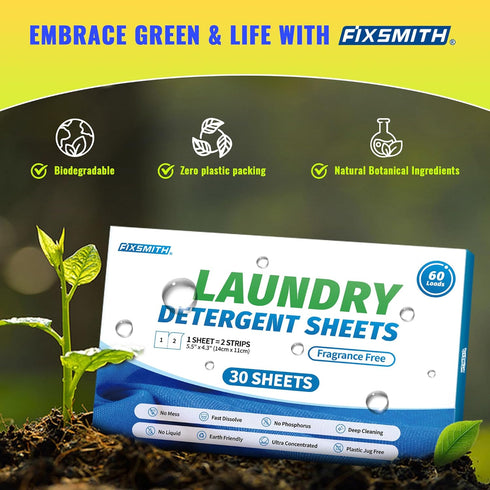 FIXSMITH Laundry Detergent Sheets - 60 Loads (30 Sheets) Fragrance Free, Hypoallergenic, Eco-Friendly Strips